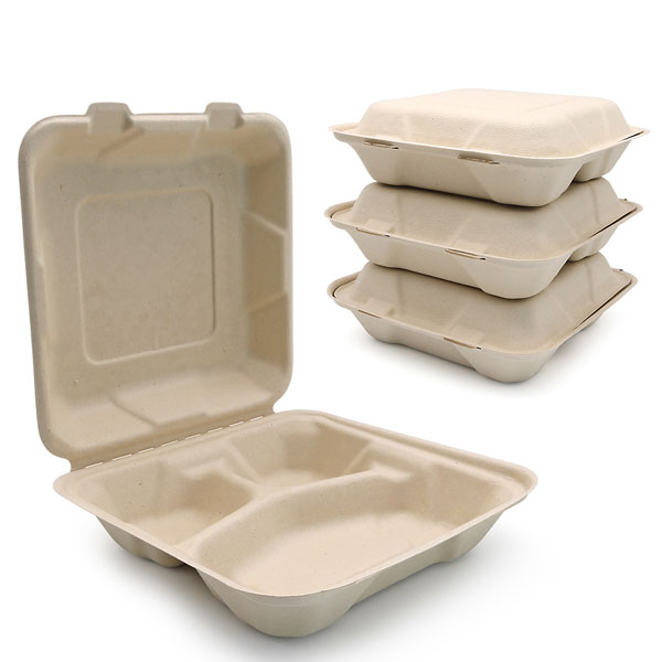 Sugarcane Clamshells Three-comp self-locking container
